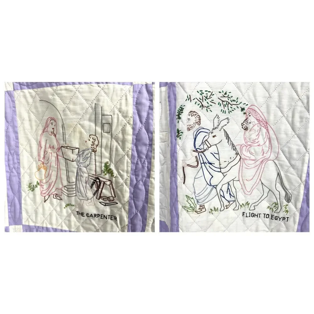 Vintage Hand Made Quilt Old Testament Embroidered Purple Border